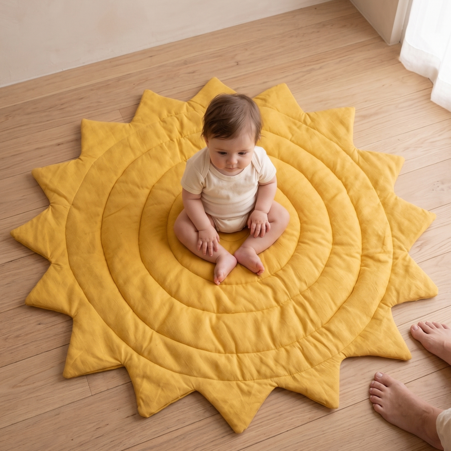 Scandinavian handmade linen baby play mat in sun shape