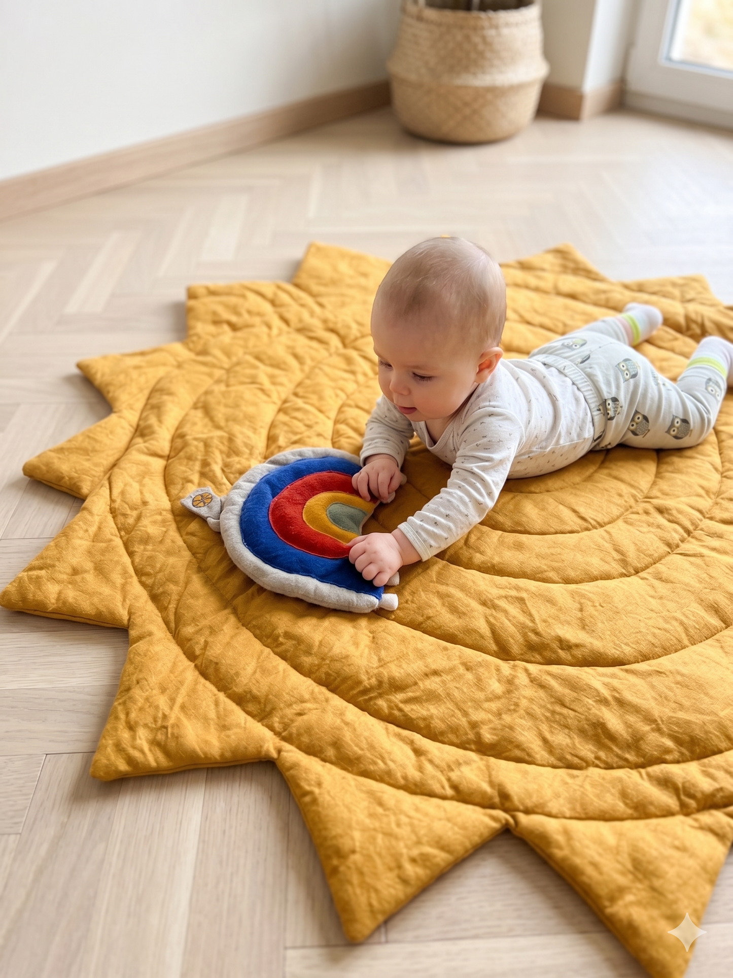 Baby linen sun play mat lifestyle photo, modern nursery floor mat"