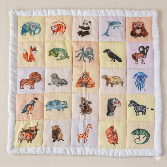 Montessori animal play mat with watercolor illustrations, handmade quilted floor mat"