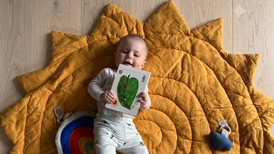 Handmade linen sun play mat for baby nursery, soft padded structure, natural linen fabric, Scandinavian nursery decor"