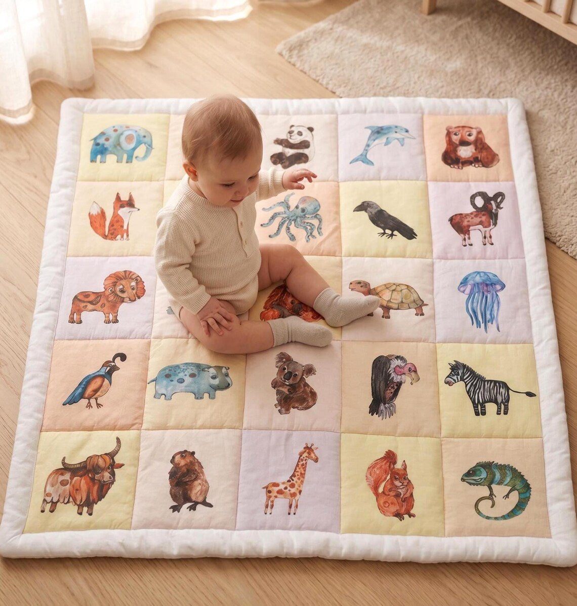 Handmade linen animal play mat, Scandinavian style, baby nursery"