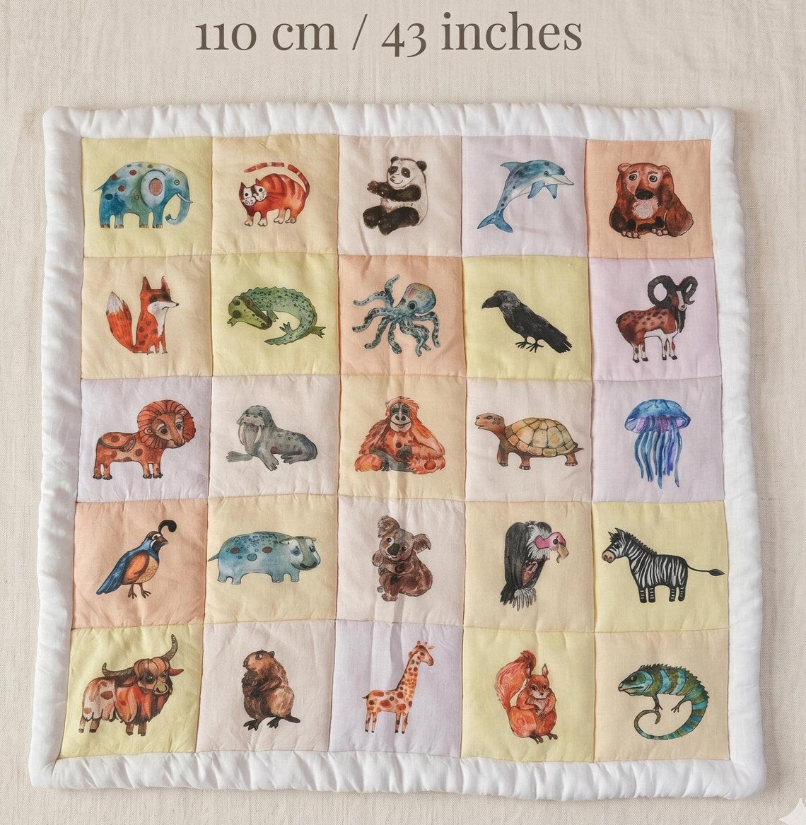 Montessori play mat detail view, watercolor animals, soft baby floor mat"