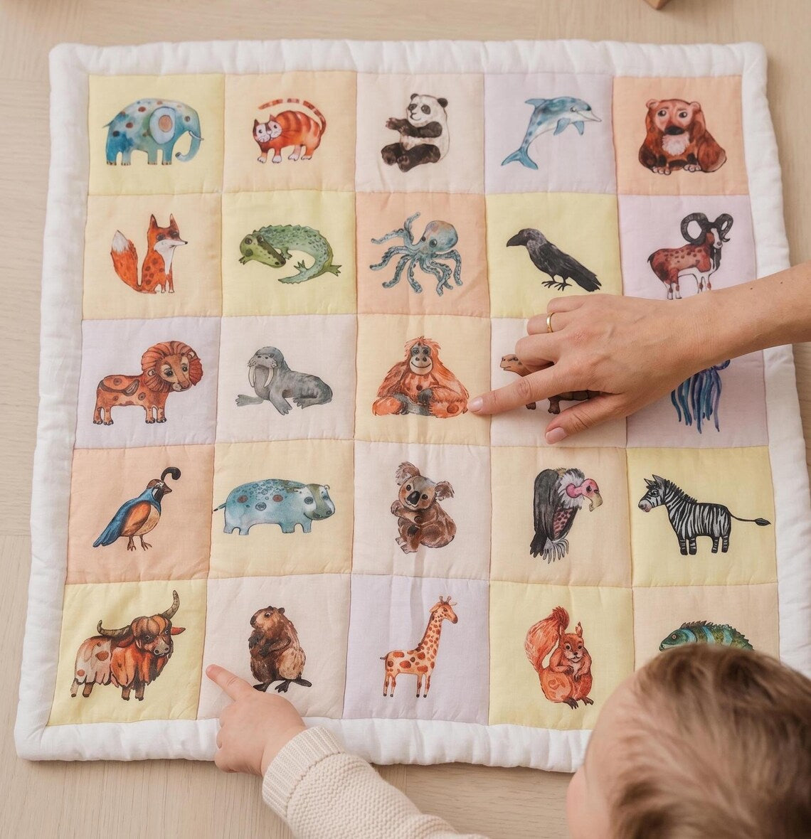 Baby tummy time mat with animals, modern children's room decor"

