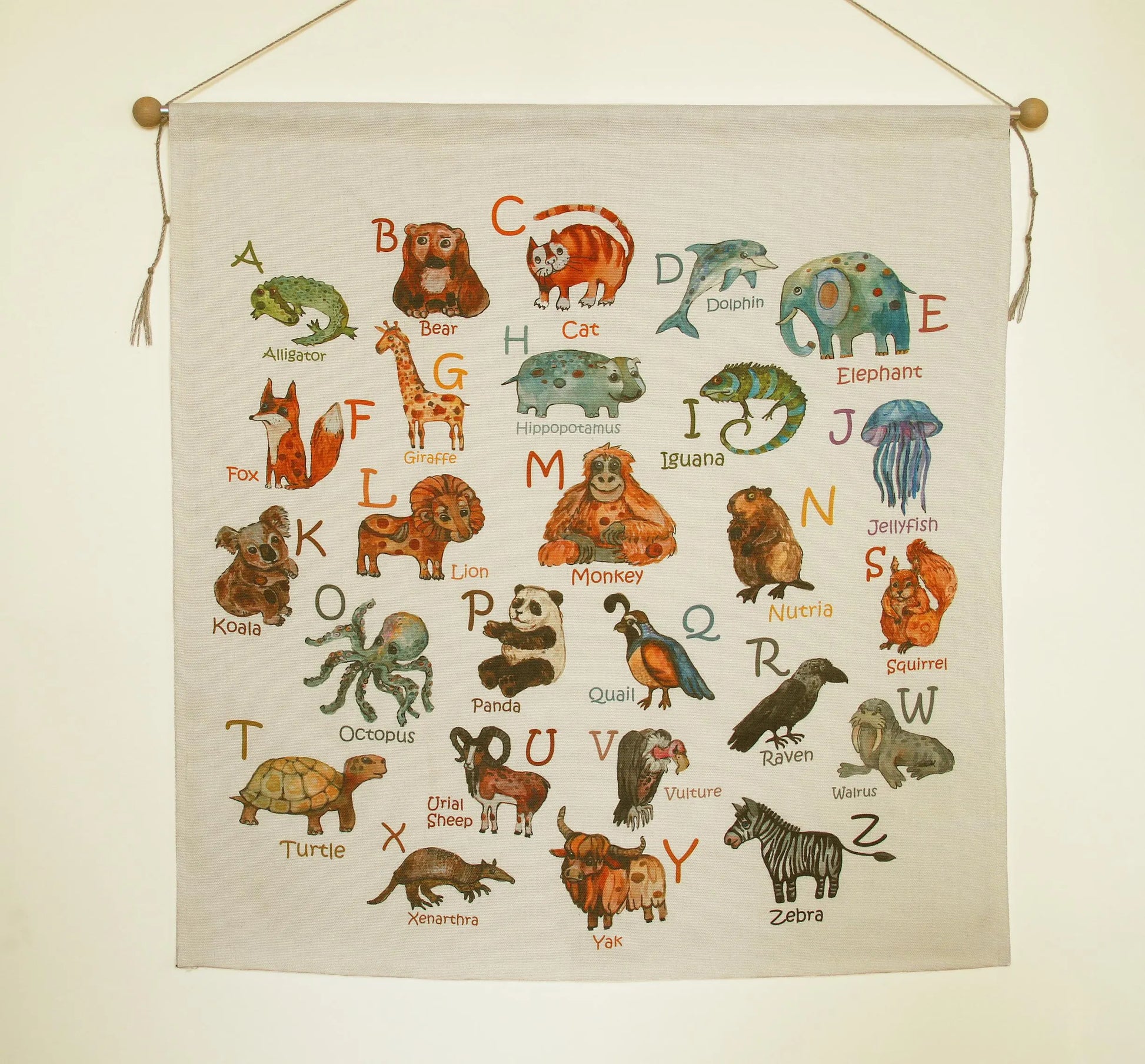 Handmade linen wall banner detail, watercolor animals, educational nursery decor"