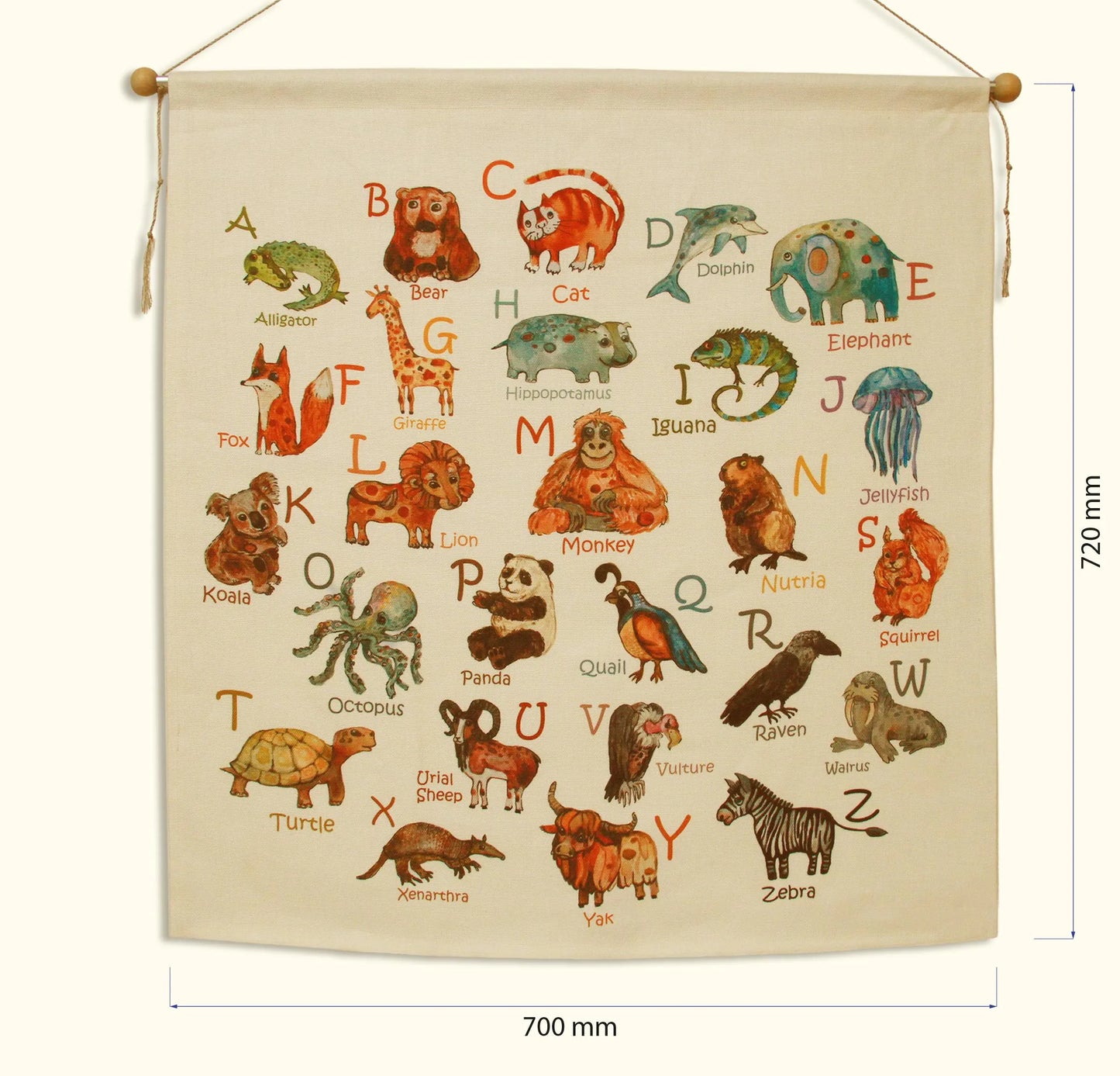 Animal alphabet banner in baby room, natural linen, Montessori wall decor"