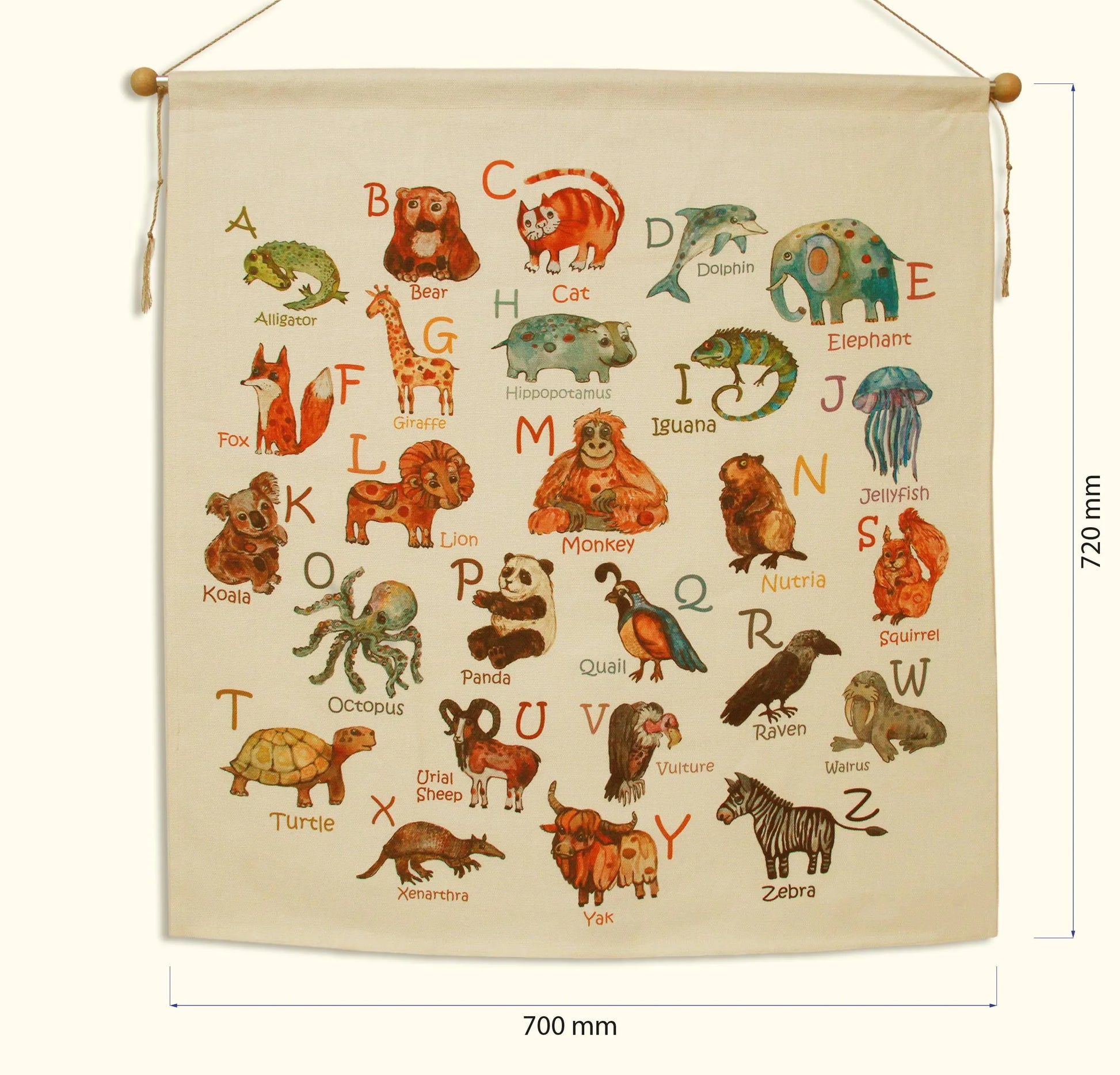 Animal alphabet banner in baby room, natural linen, Montessori wall decor"